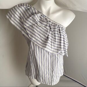 H&M asymmetrical white and blue stripe ruffle top 8